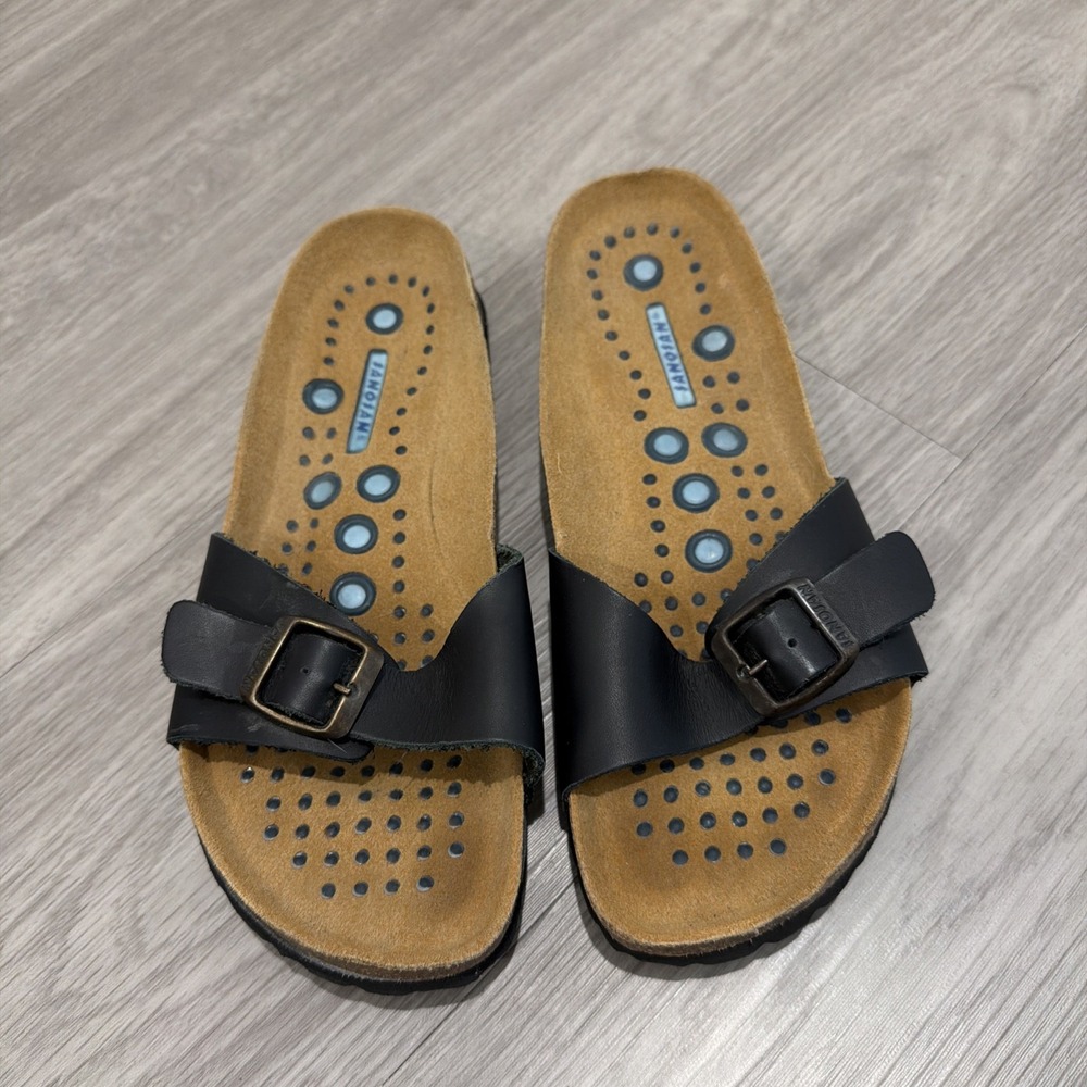 Sanosan Malaga Single Strap Black Leather Sandals Cork Women's Size 38